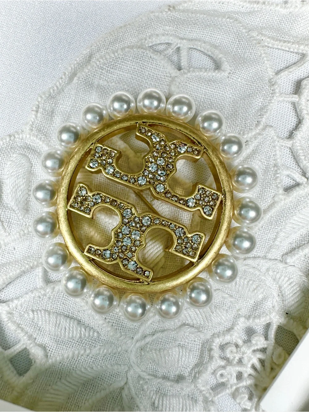 Tory Burch Gold-Tone Logo Brooch with Pearls and Clear Crystals
